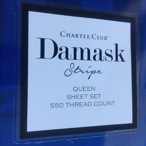 4-pc COBALT BLUE STRIPE Charter Club Damask 550 TC 100% Cotton QUEEN Sheet Set - Picture 8 of 11